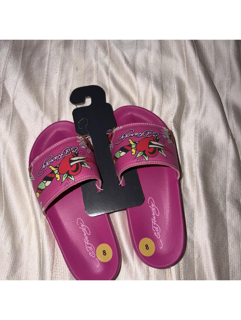 Ed Hardy Women's Hot Pink Heart Tattoo Slides Flip Flops NWT Size 8 Woman’s